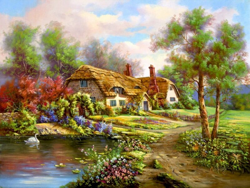 Tranh phong cảnh làng quê tại một ngôi làng nhỏ ven đồi