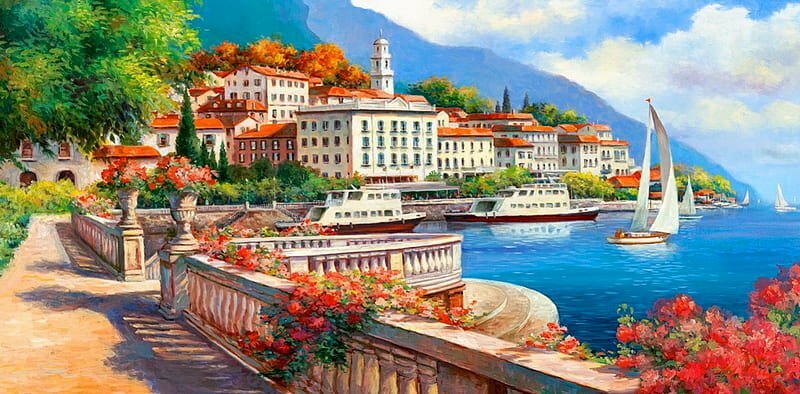 Phong cảnh mùa hè ở một thành phố Châu Âu đẹp rực nắng và hoa