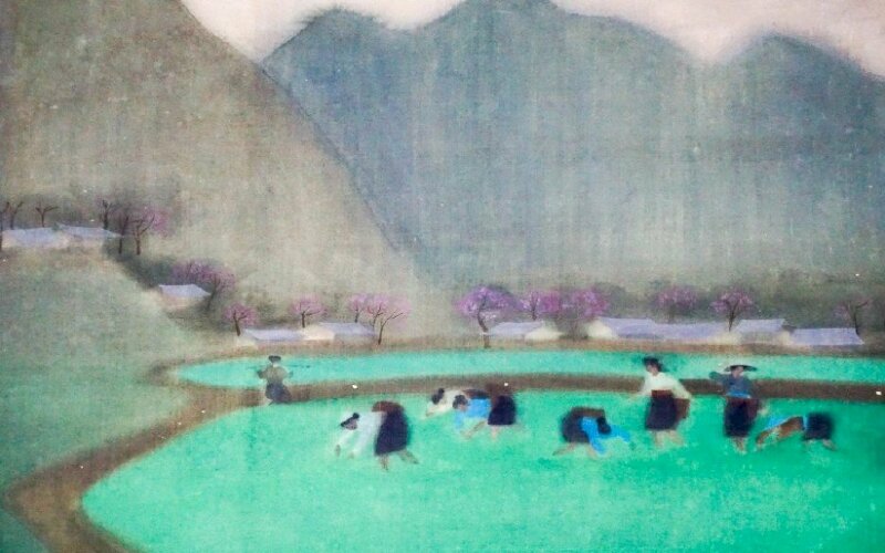 Tranh vẽ phong cảnh đi cấy mùa xuân