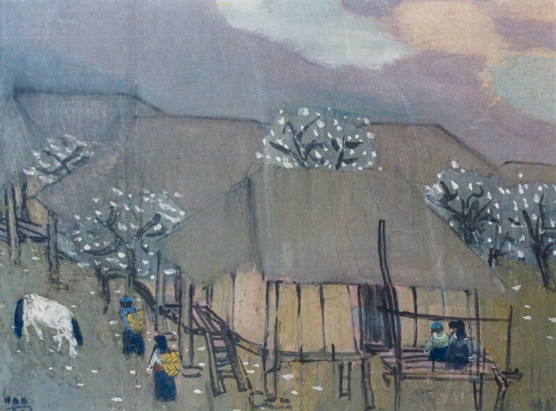 Tranh màu nước phong cảnh ngày tết ở bản làng