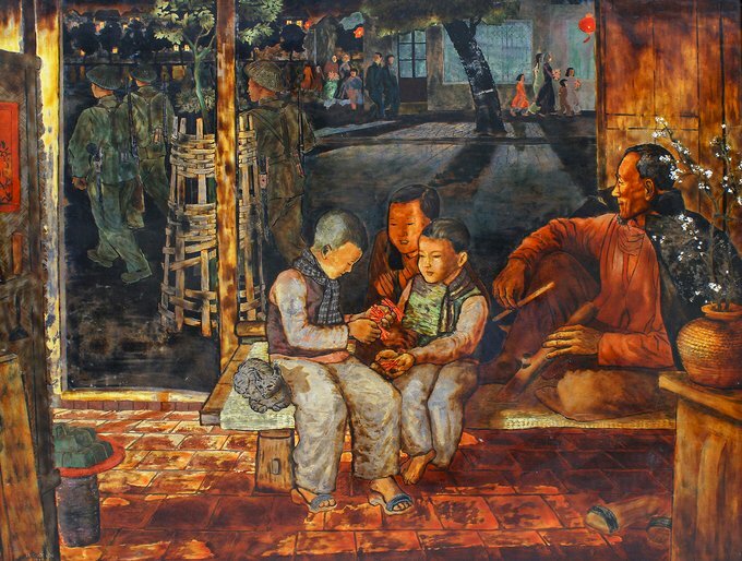Tranh phong cảnh ngày tết sum họp thời chiến tranh