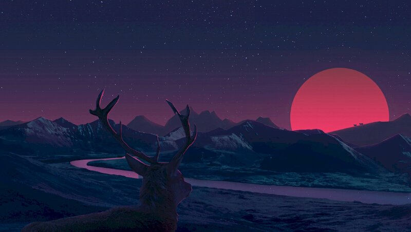 Tranh phong cảnh núi đồi nơi rừng thiên với chú nai vàng đang ngắm bình minh