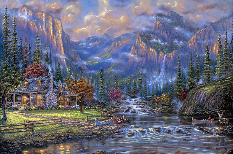 Tranh phong cảnh cánh rừng già nơi núi núi rừng hùng vĩ, thanh bình