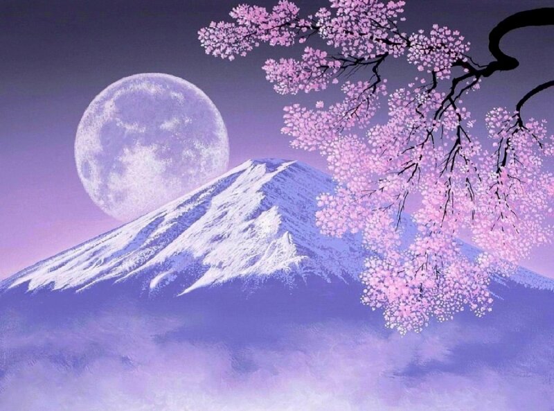 Tranh phong cảnh núi Phú Sĩ hiện sau cành hoa đào nở rộ báo hiệu mùa xuân trên đất mặt trời mọc