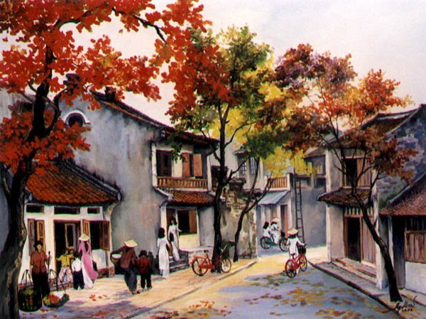 Tranh phong cảnh phố cổ Hà Nội vào thu thật đẹp