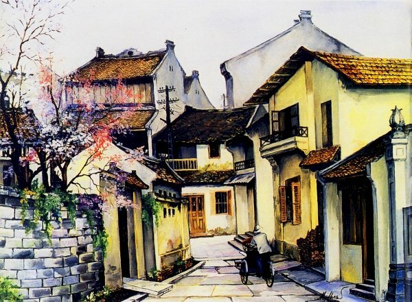 Tranh vẽ khung cảnh một ngõ nhỏ trong lòng phố cổ Hà Nội