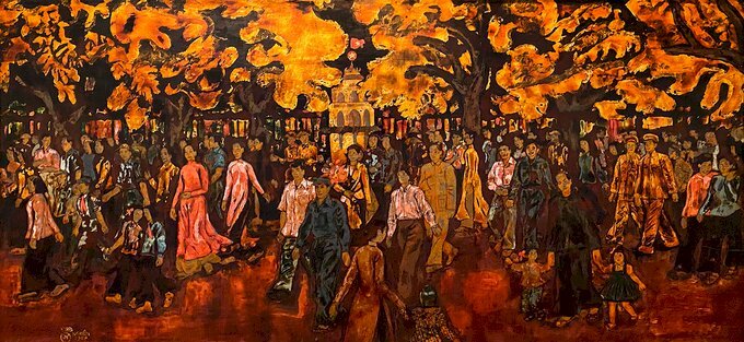 Tranh phong cảnh phố phường đông vui ngày tết