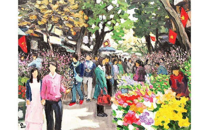 Tranh phong cảnh đường phố đông đúc nơi chợ hoa những ngày giáp tết