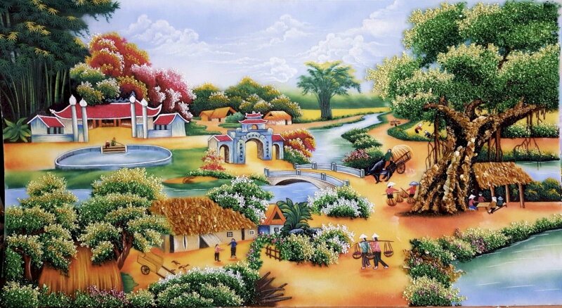 Tranh phong cảnh quê hương Việt Nam có mái đình, cây đa, bà con hăng say làm việc