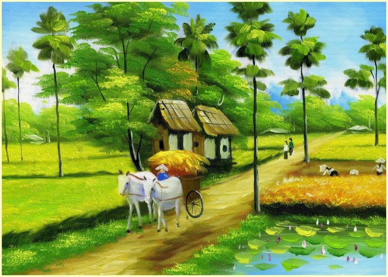 Tranh phong cảnh quê hương có đồng lúa xanh bát ngát