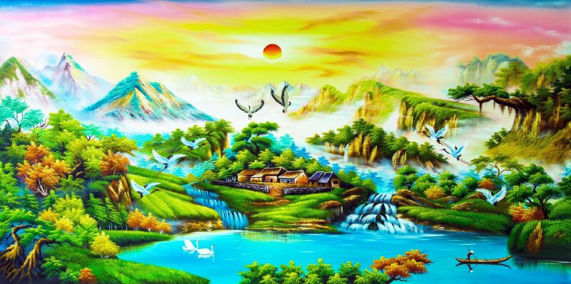 Tranh phong cảnh sơn thủy làng quê nhỏ bên kia suối