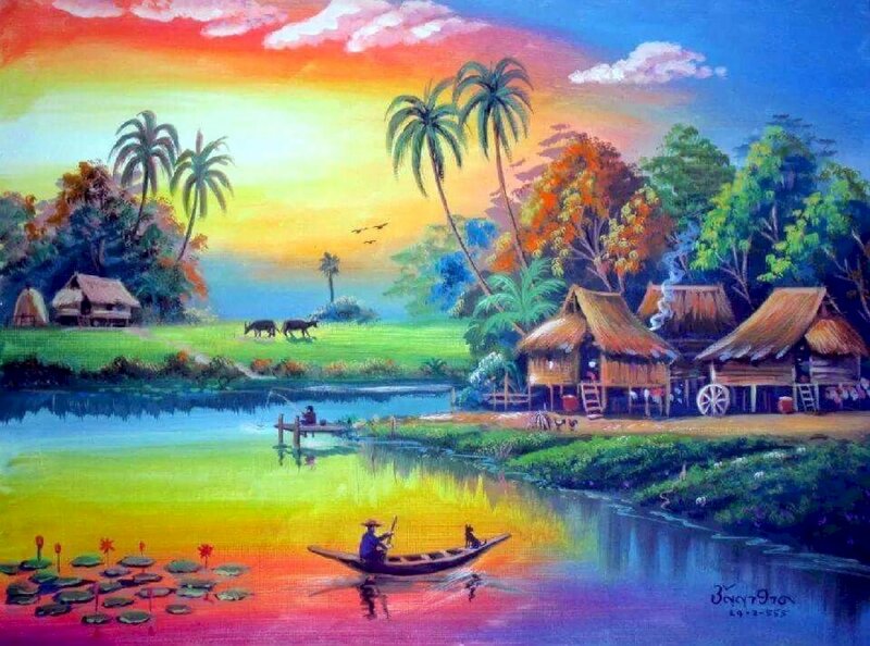 Tranh phong cảnh làng quê đẹp thanh bình