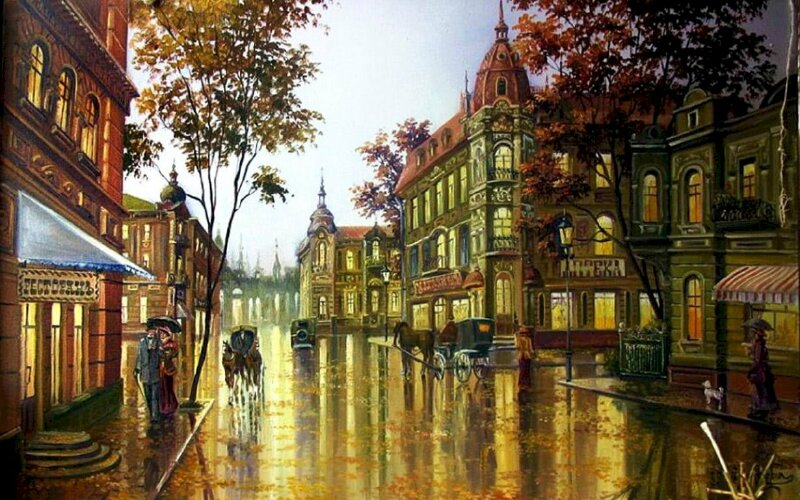 Tranh phong cảnh thành phố dưới một ngày mưa ướt sủng