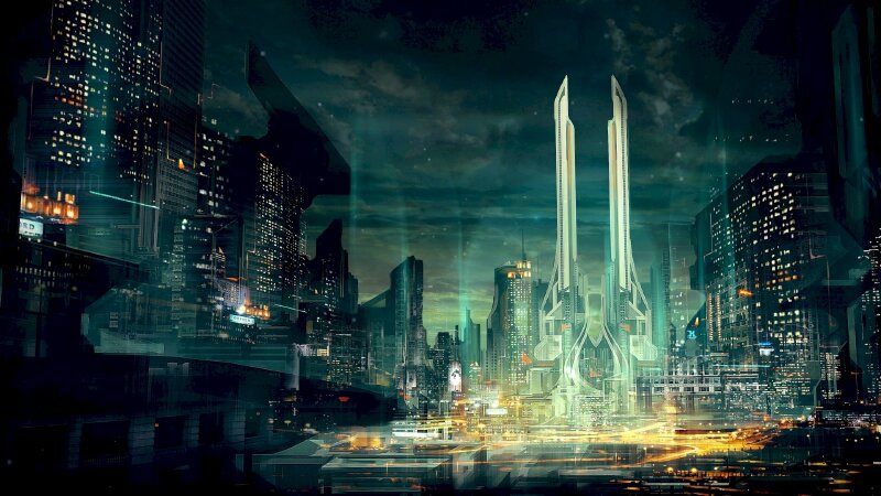 Tranh phong cảnh thành phố hiện đại với nhiều ánh đèn lấp lánh từ các tòa nhà