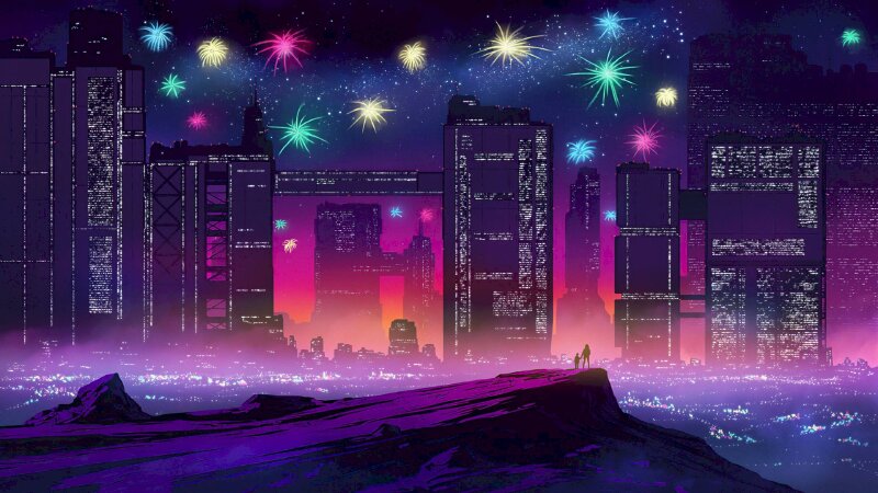 Tranh phong cảnh thành phố chìm dưới màn đêm bầu trời đầy pháo hoa