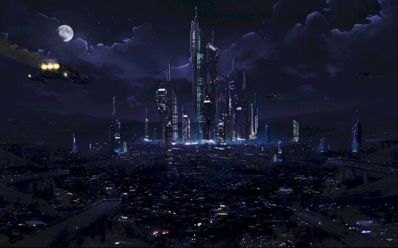 Tranh phong cảnh thành phố trong màn đêm tối dưới ánh trăng tròn huyền bí