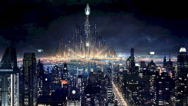 Tranh phong cảnh thành phố về đêm ngập ánh đèn lấp lánh