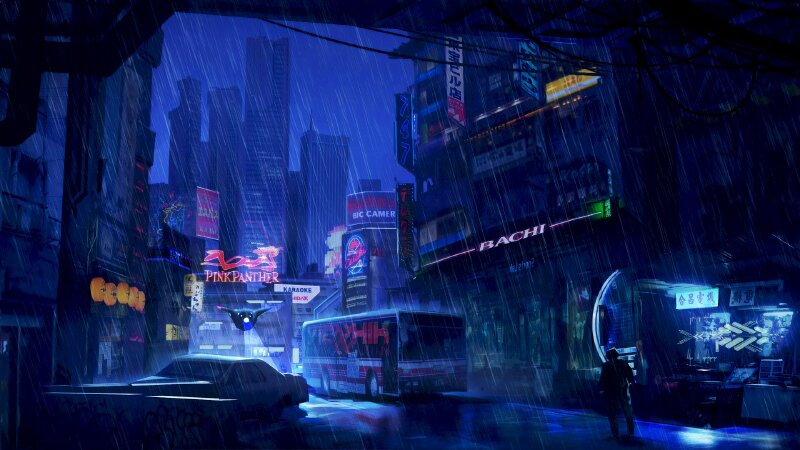 Tranh phong cảnh thành phố trong đêm mưa