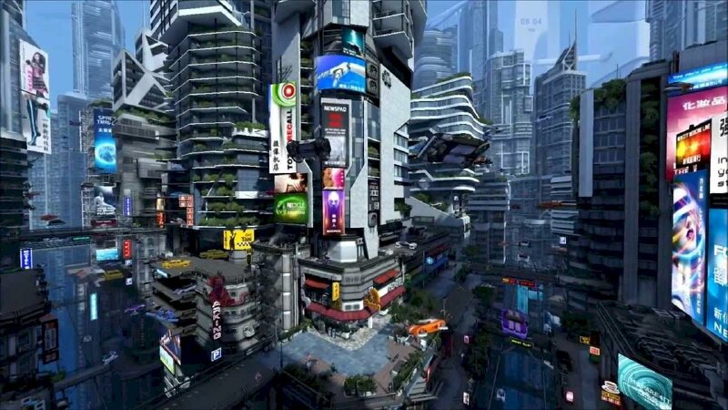 Tranh phong cảnh thành thị tại một góc nhỏ ở quảng trường tại một thành phố năng động