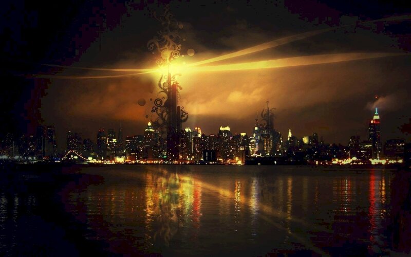 Tranh phong cảnh thành thị sầm uất, hiện đại