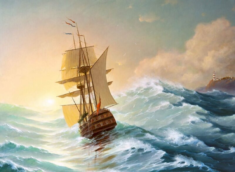 Tranh phong cảnh thuận buồm xuôi gió mạnh mẽ vượt sóng biển