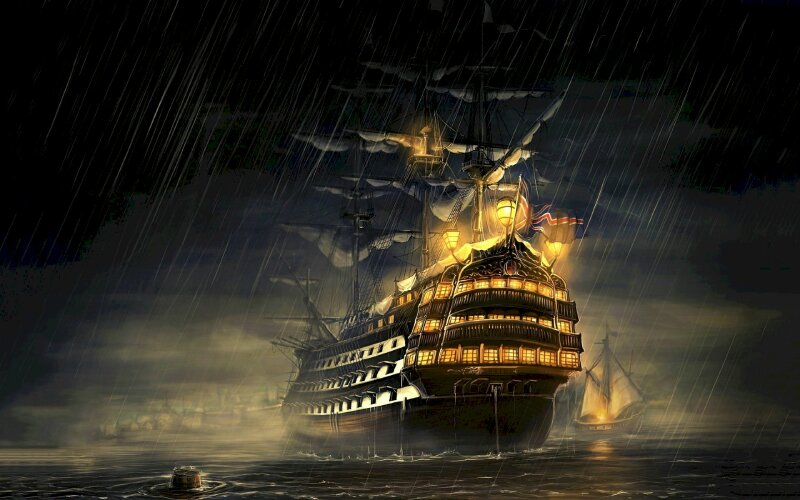 Tranh phong cảnh thuyền buồm vượt biển dưới đêm mưa