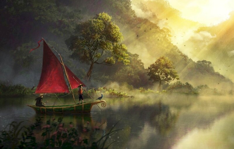 Tranh phong cảnh thuận buồm xuôi gió đang hướng về phía ánh bình minh