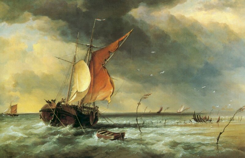 Tranh phong cảnh thuyền buồm vượt sóng biển dữ dội để trở về