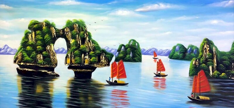Tranh cảnh quan thuyền khơi trôi xung quanh Hòn Phu Tử của Vịnh Hạ Long