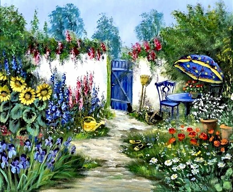 Tranh vẽ phong cảnh vườn hoa trong sân vườn nhà nhiều màu sắc tuyệt đẹp