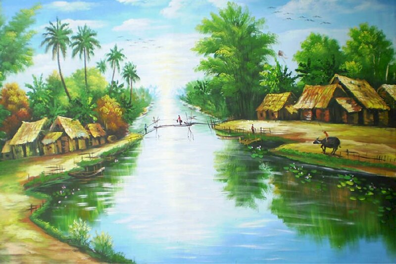 Tranh phong cảnh yên bình nơi làng quê Việt Nam con con sông dài thăm thẳm với cây cầu tre bắt ngang