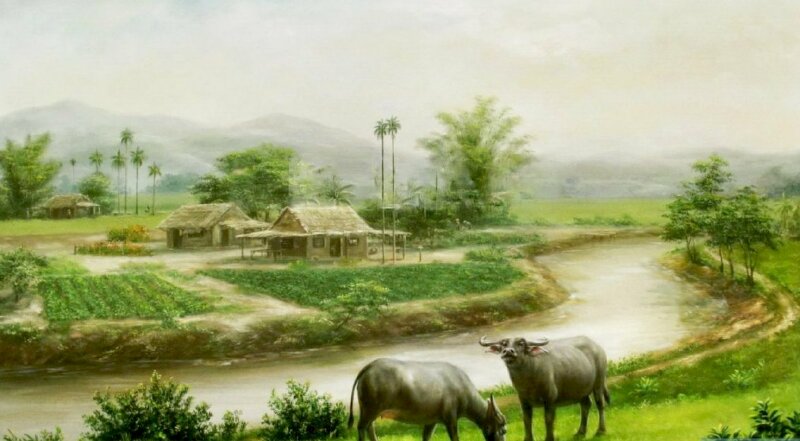 Tranh cảnh làng quê yên bình với đôi trâu gặm cỏ, luống rau xanh biếc