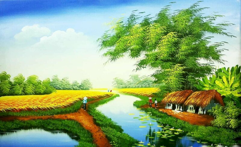 Cảnh làng quê Việt Nam với rặng tre xanh mướt, cánh đồng lúa chín vàng ươm