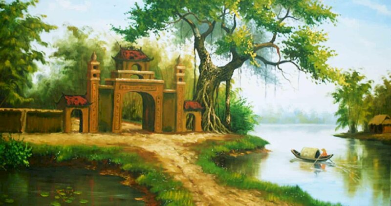 Một góc làng quê Việt Nam thời xưa được phác hoạc bằng tranh