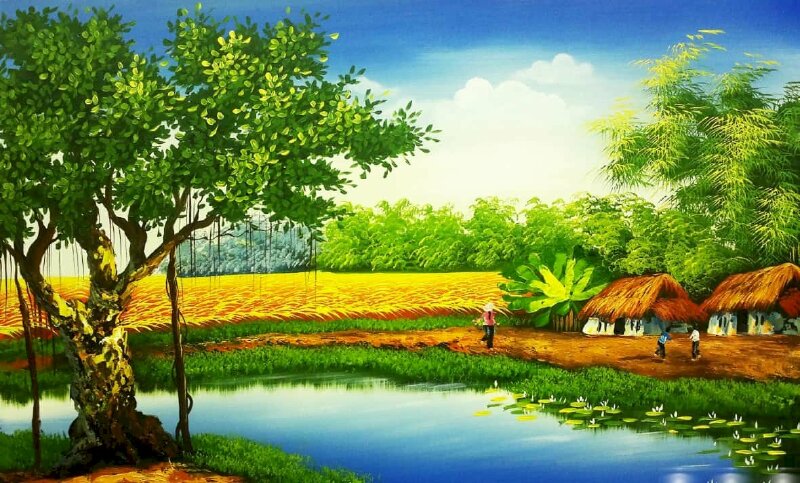 Tranh phác họa cảnh đồng quê Việt Nam mùa gặt lúa