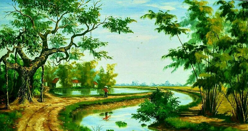 Một góc quê hương Việt Nam thanh bình có rặng tre xanh, cây đa đầu ngõ