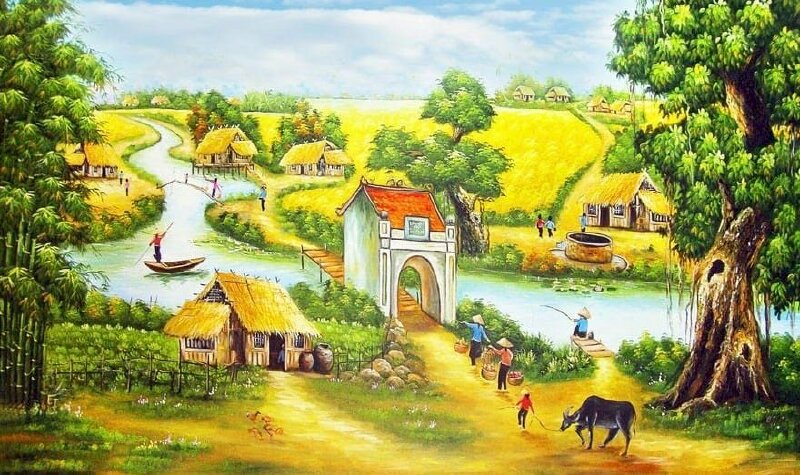 Tranh làng quê VIệt Nam cảnh bà con đang hăng say lao động