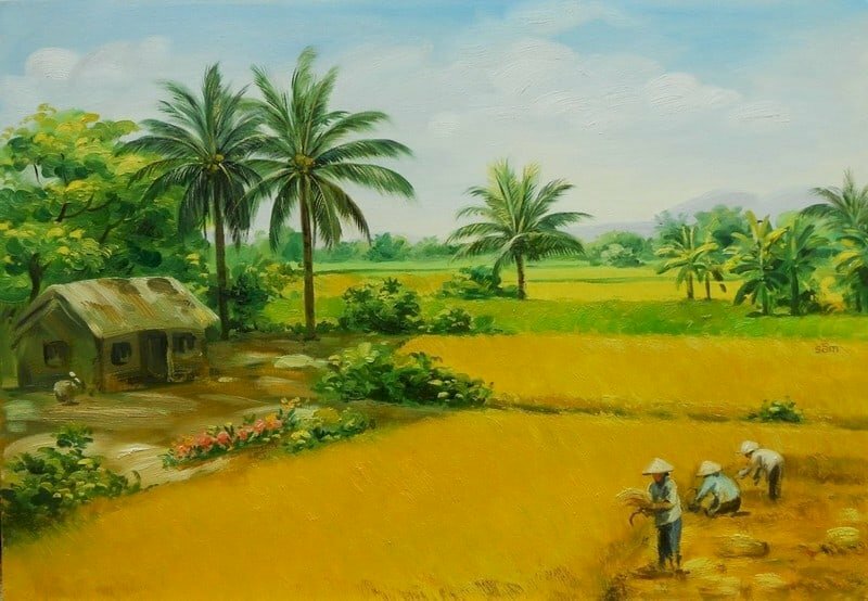 Tranh sơn dầu làng quê Việt Nam mùa gặt lúa
