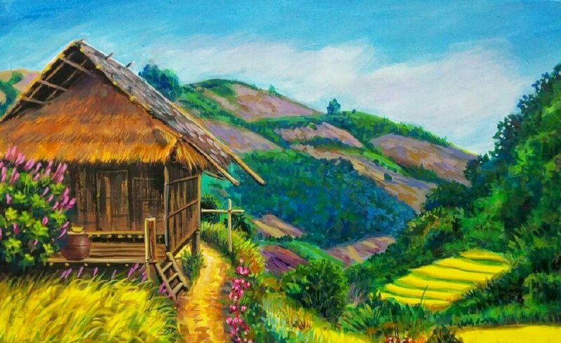 Tranh phong cảnh ruộng bậc thang mùa lúa chín tuyệt đẹp