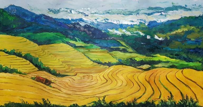 Tranh phong cảnh ruộng bậc thang Mù Cang Chải mùa lúa chín vàng 