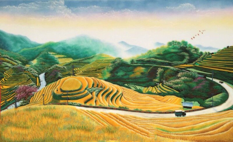 Tranh treo tường đẹp phong cảnh ruộng bậc thang mùa lúa chín