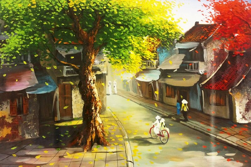 Tranh sơn dầu phong cảnh Hà Nội mùa thu lá rơi