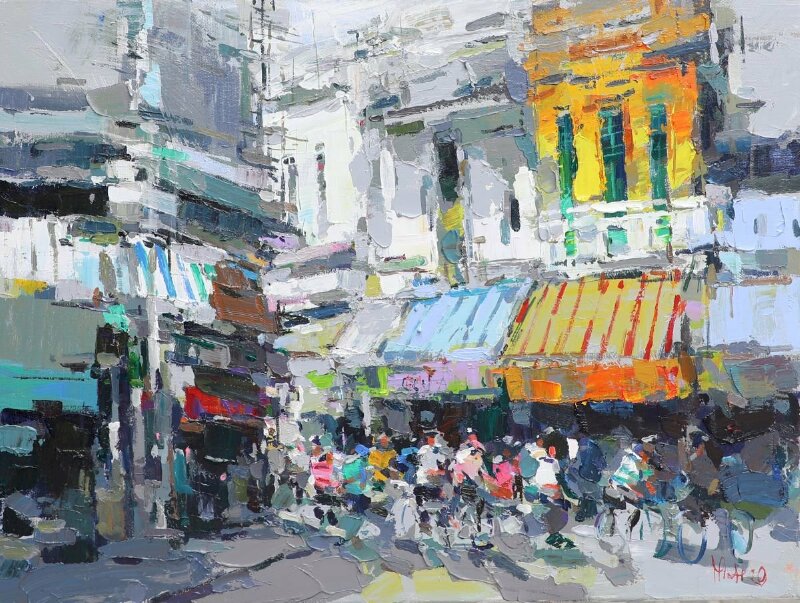 Tranh sơn dầu nghệ thuật phong cảnh tấp nập ở một góc phố Hà Nội