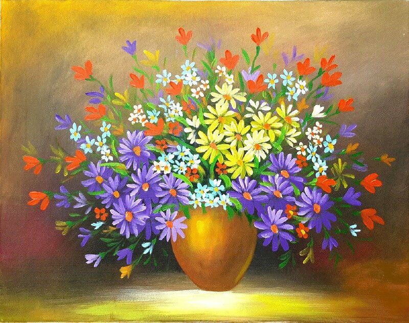 Tranh sơn dầu bình hoa trang trí nhiều màu sắc rực rỡ tuyệt đẹp