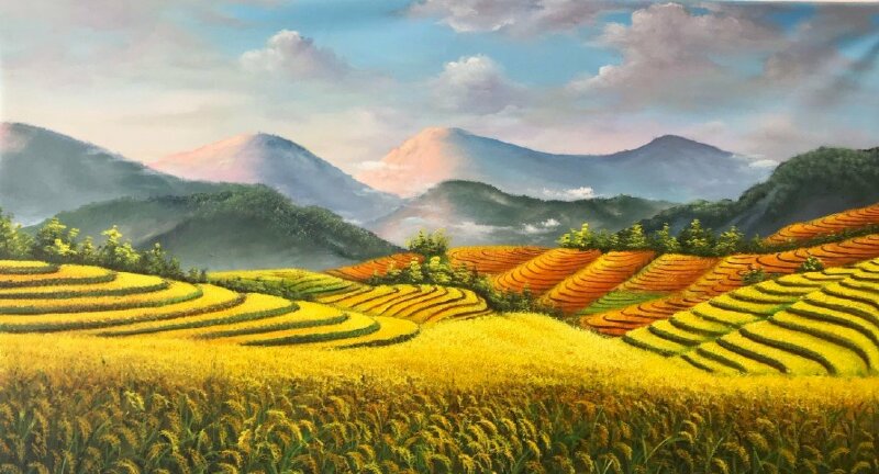 Tranh sơn dầu phong cảnh ruộng bậc thang làm tranh treo tường tuyệt đẹp