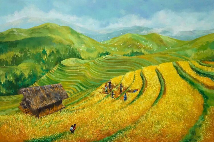 Tranh vẽ cánh đồng ruộng bậc thang và khung cảnh thiên nhiên thật tươi mát