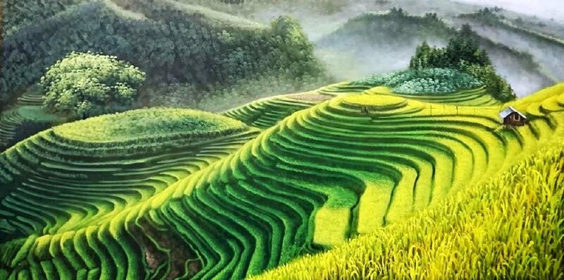 Tranh ruộng bậc thang Tây Bắc vẽ sơn dầu