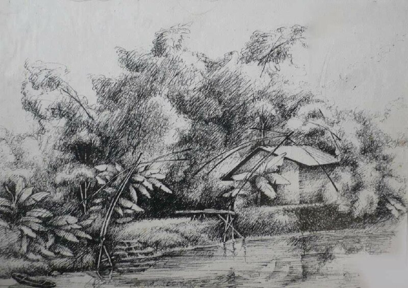 Tranh phong cảnh không màu làng quê bình yên