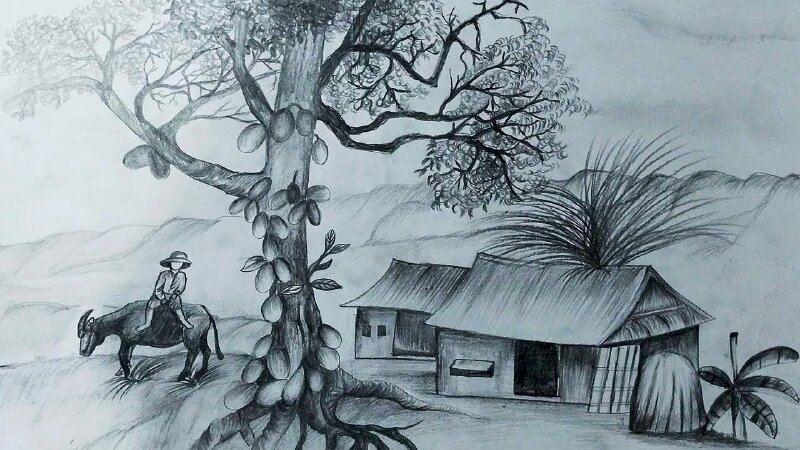 Tranh phong cảnh không màu quê hương bằng bút chì tuyệt đẹp
