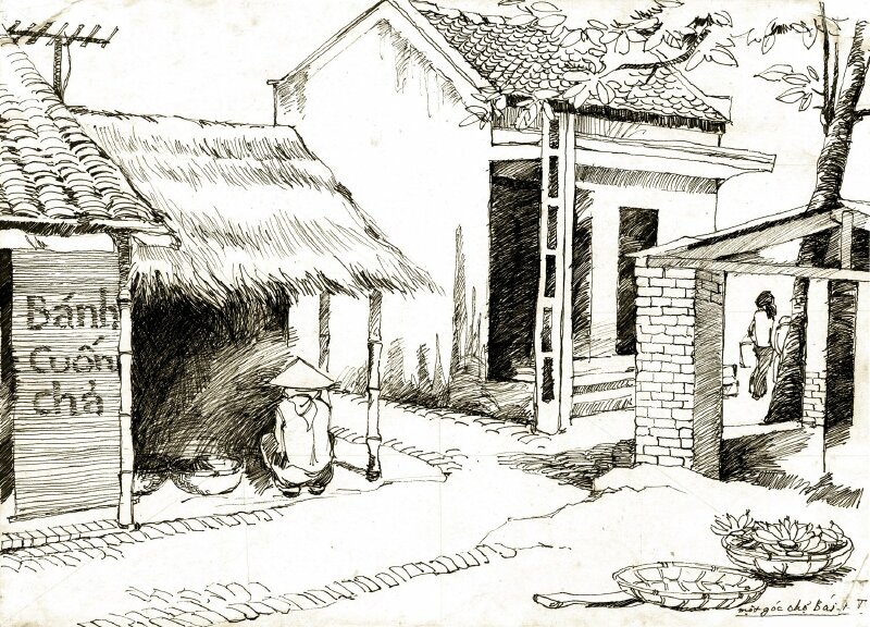 Tranh phong cảnh không màu một góc trong ngôi làng nhỏ trên huyện